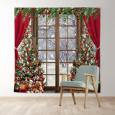 Lofaris Red Curtain Wood Windows Winter Merry Christmas Backdrop